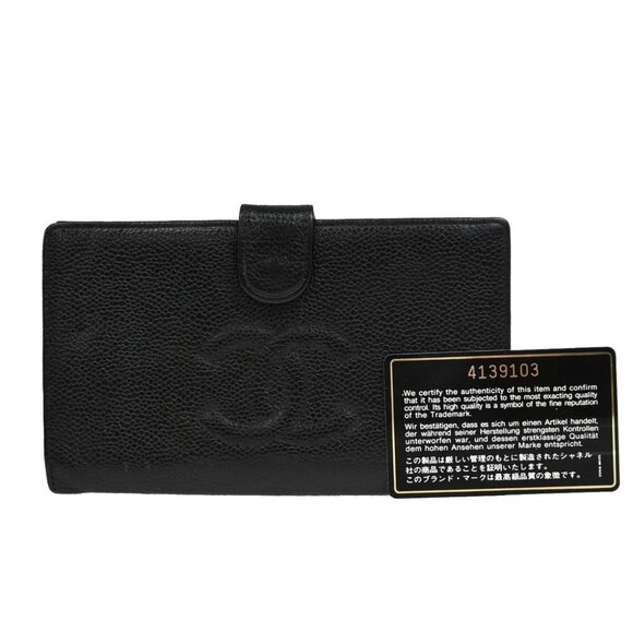 CHANEL CC Logo Bifold Long Wallet Grained Calfskin Leather Black Vintage - Picture 1 of 14